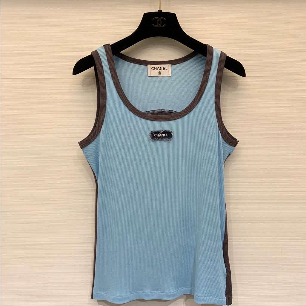 Nwt Chanel Colorblock Ribbed Tank Top | Baby Blue & Brown | Luxury Designer